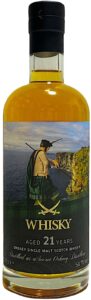Eine Flasche Secret Orkney mit dem sogenannten 'Clan Label' - ein Typ in Kilt vor romantischer Highland-Szenerie.