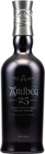 Eine Flasche 25-jährigen Ardbegs, in dunklem schwarz gehalten, Schrift und Verschluss in Silber.