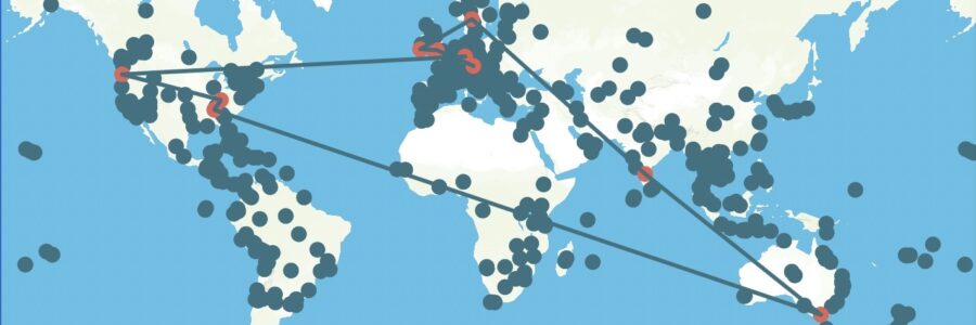 Weltkarte mit Punkten und Verbindungslinien