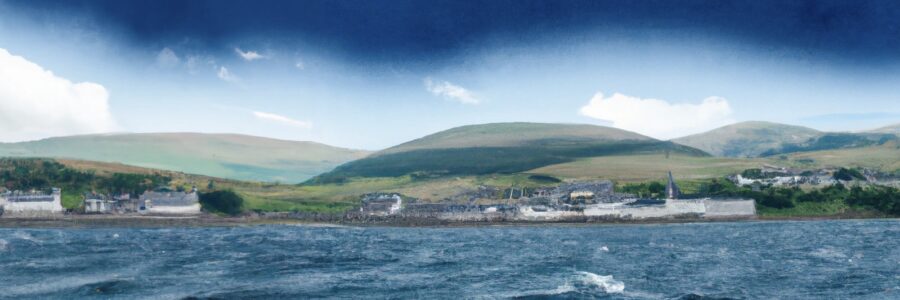 Campbeltown, view-from the ocean bright daylight, sun is shining, style of Rubens by DALL·E